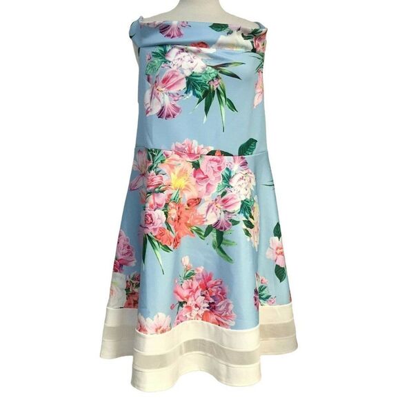 Quiz Womens Off Shoulder Fit & Flare Dress Sz 20 Blue Floral Detailed Hem  NEW - Picture 1 of 8